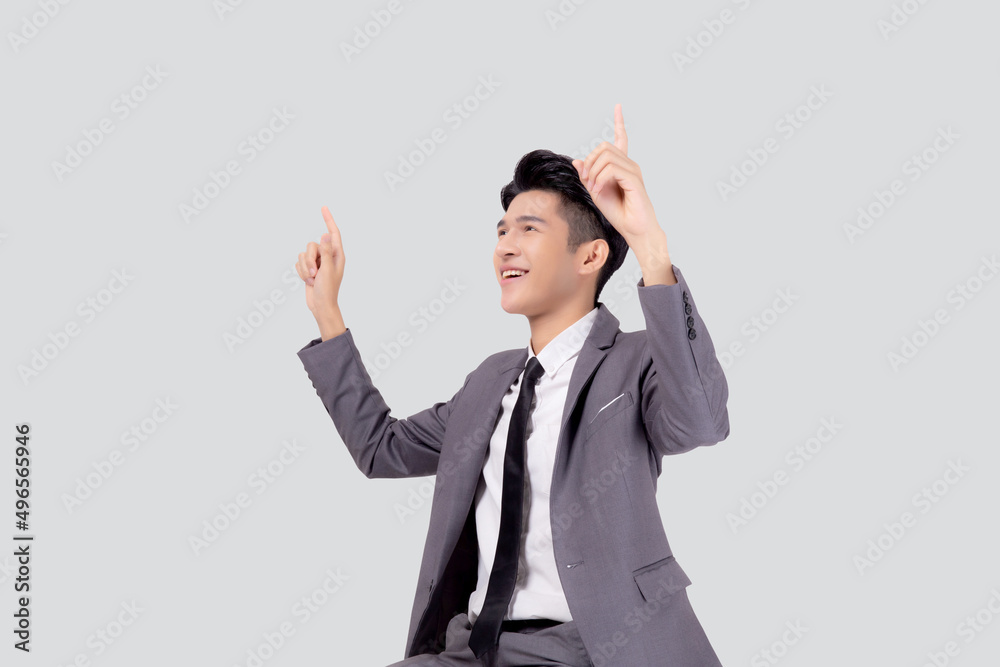 Portrait young asian business man pointing and presenting isolated on white background, advertising and marketing, executive and manager, male confident showing success, expression and emotion. Portrait young asian business man pointing and presenting isolated on white background, advertising and marketing, executive and manager, male confident showing success, expression and emotion.