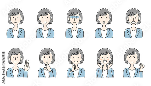 	手描き風・いろいろな女性の表情のベクターイラストセット