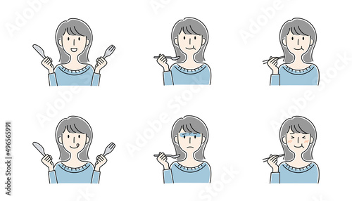 手描き風・食事をする女性のベクターイラストセット