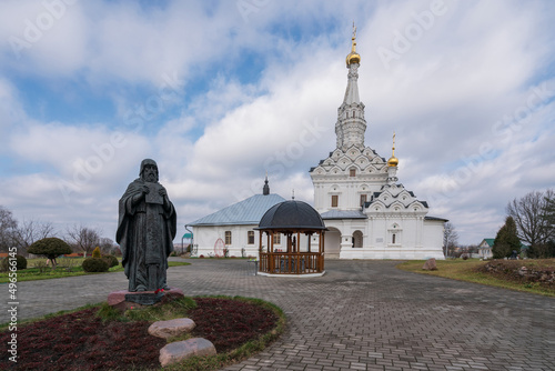Odigitrievsky Church and the monument to the founder of the Vyazma Ioanno-Predtechensky monastery, Vyazma, Smolensk region, Russia. The inscription 