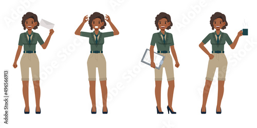 Set of Accountant woman wear green color suit character vector design. Presentation in various action. People working in office planning, thinking and economic analysis.