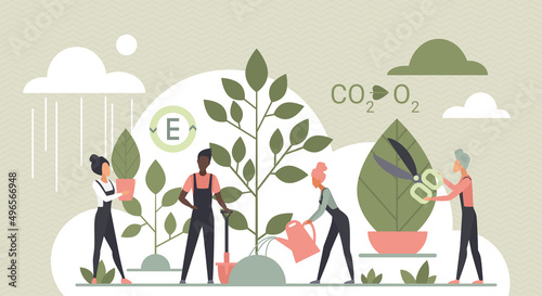 Support for nature and ecology vector illustration. Cartoon community of tiny people work with shovel and watering can in garden, grow plants in soil for photosynthesis process. Environment concept