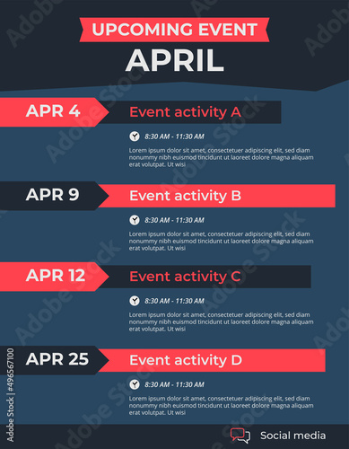Upcoming monthly event schedule flyer poster template. Coming soon or up next events concept.