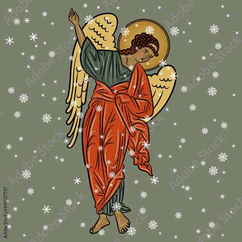 Pointing up winged angel under snowflakes. Religious winter Christmas design. On green background. 