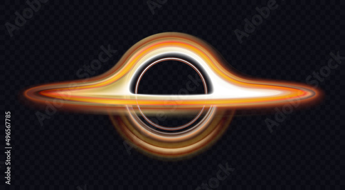 Black hole with yellow circle light effect vector illustration. Abstract bright lightning of wormhole with round energy rings and active neon trails in galaxy texture isolated on dark background