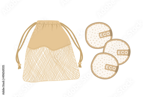Washable cotton pads with organic textile bag. Bamboo makeup remover wipe. Eco friendly products for skin care. Zero waste concept. No plastic. Vector illustration in flat cartoon style.