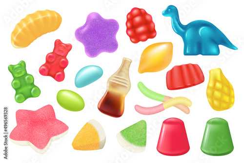 Gummy jelly candy set vector illustration. 3d cute sweet characters, colorful bears and cola bottle, funny marmalade worm, chewy sugar animal or fruit collection for children isolated on white