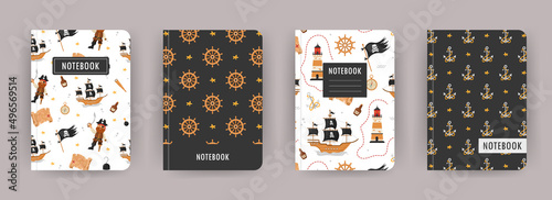Cover page notebook collection. Templates with pirate items. Perfect for diary, books, magazines, journals, catalogs, planners and flyers. Vector layouts.