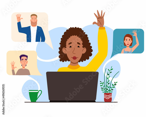 Illustration of a virtual meeting with different people who say hello. The concept of an online meeting with young men and women.