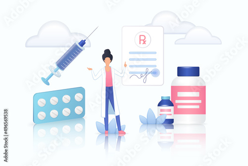 RX, medical prescription with doctors signature. Tiny pharmacist with recipe on painkiller pills, drugs for sick patient treatment flat vector illustration. Pharmacy, pharmacology, medicine concept