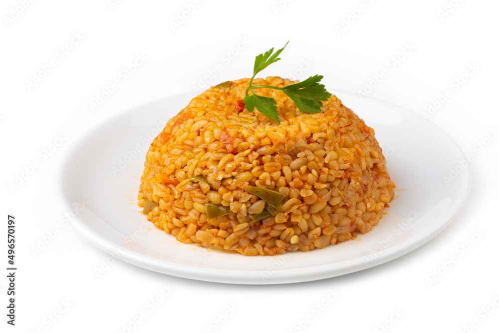 Traditional turkish bulgur pilaf with tomato sause in plate (Turkish name; meyhane pilavi) Traditional turkish bulgur pilaf with tomato sause in plate (Turkish name; meyhane pilavi)