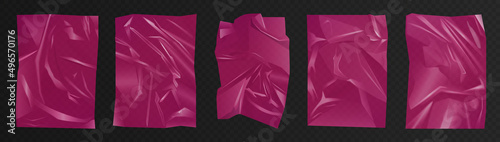 Cherry violet pink crumpled polyethylene, plastic film set vector illustration. 3d glue paper sheet, cellophane package or bag with wrinkles shiny effect, elastic wrapper mockup transparent background