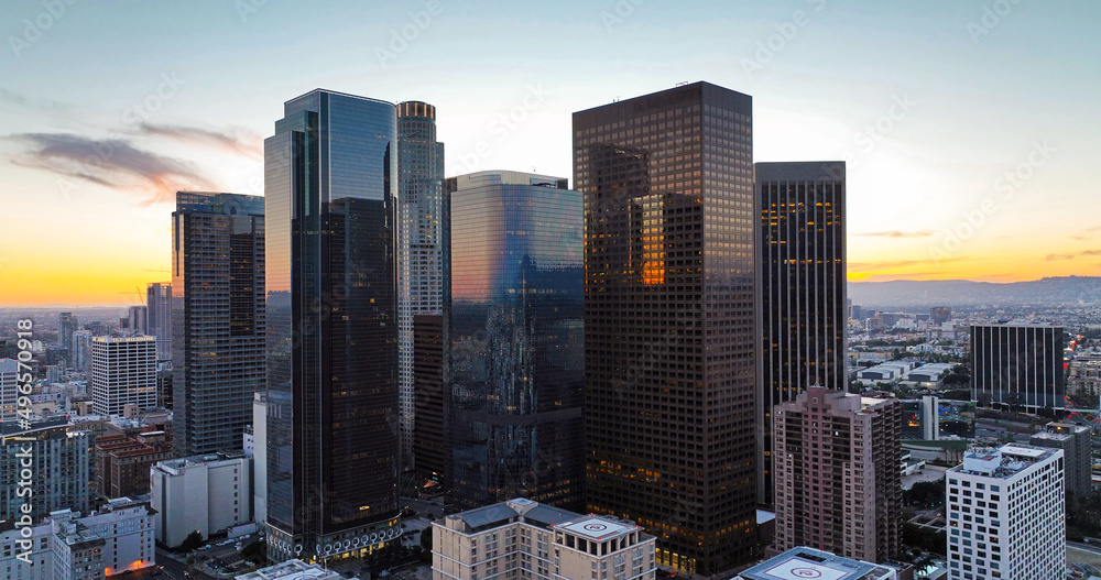 Los Angeles skyline and skyscrapers. Downtown Los Angeles aerial view, business centre of the city. California LA.