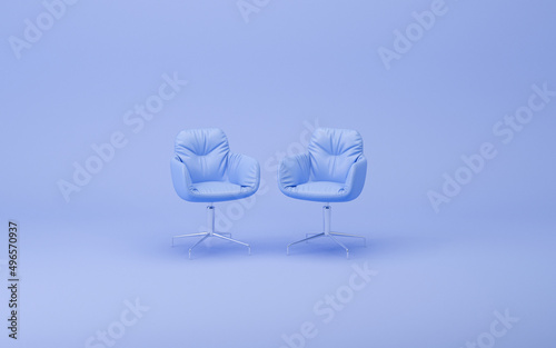 Two isolated chair in flat monochrome blue and very peri color background, single color composition, 3d Rendering for web page, presentation and picture frame backgrounds. 