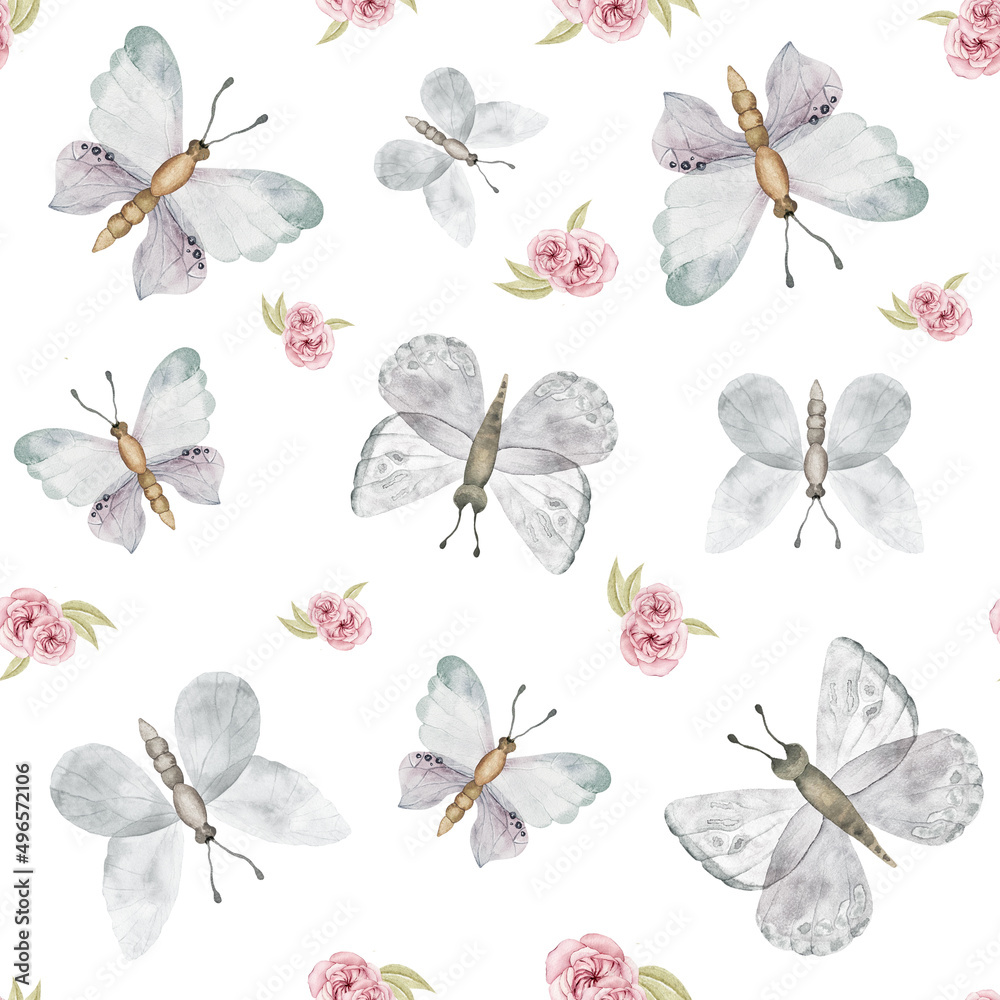 Fototapeta premium Watercolor seamless pattern with white butterflies and roses on white. Children's fabric. Butterfly decorative paper.