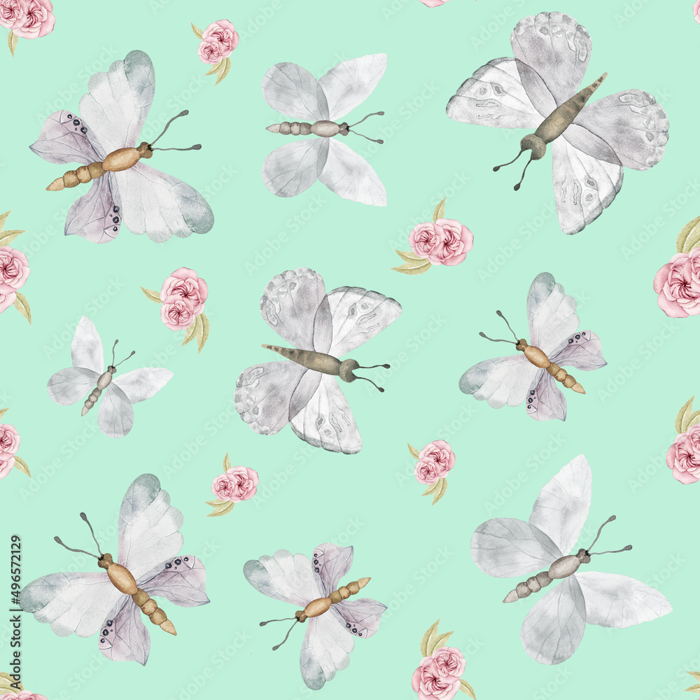 custom made wallpaper toronto digitalWatercolor seamless pattern with white butterflies and roses on white. Children's fabric. Butterfly decorative paper.