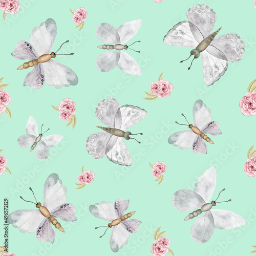 Wallpaper Mural Watercolor seamless pattern with white butterflies and roses on white. Children's fabric. Butterfly decorative paper. Torontodigital.ca