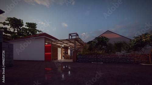 simple tropical house in the evening 3d illustration