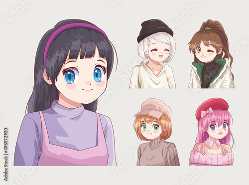 five girls anime style