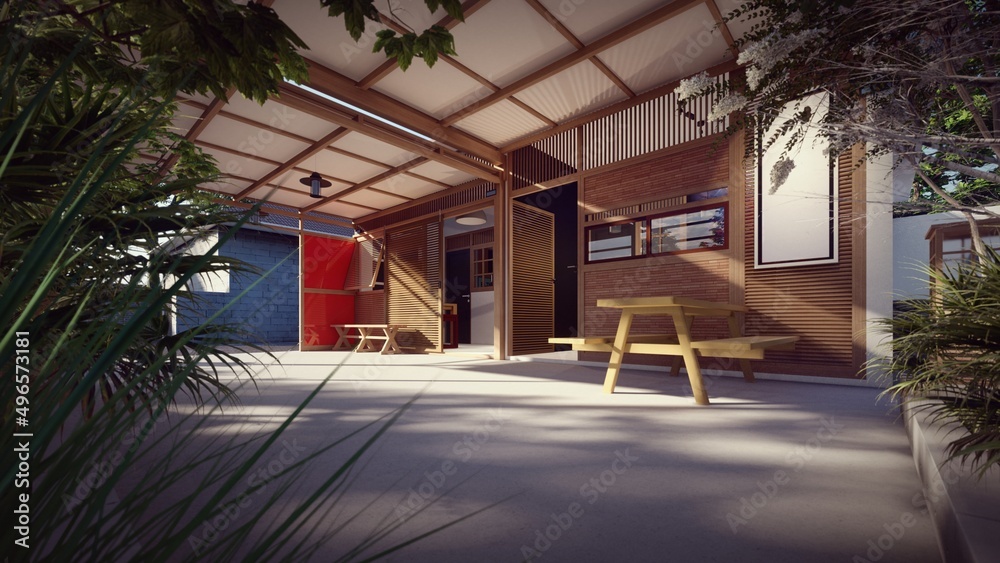 tropical house garage with lounge 3d illustration