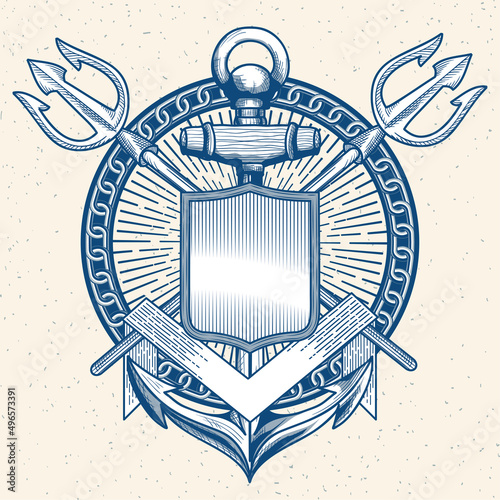 Monochrome old anchor with chain, tridents and shield - decorative nautical emblem 