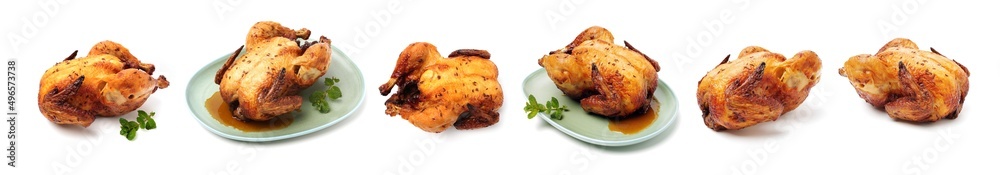 Whole roasted chicken against white background Whole roasted chicken against white background