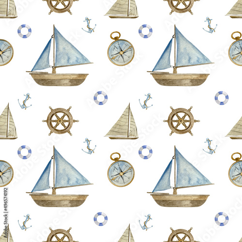 Watercolor seamless nautical pattern with sea elements: boat, anchor, compass in blue and beige colors. Perfect for nautical textiles, wallpaper and prints for children photo