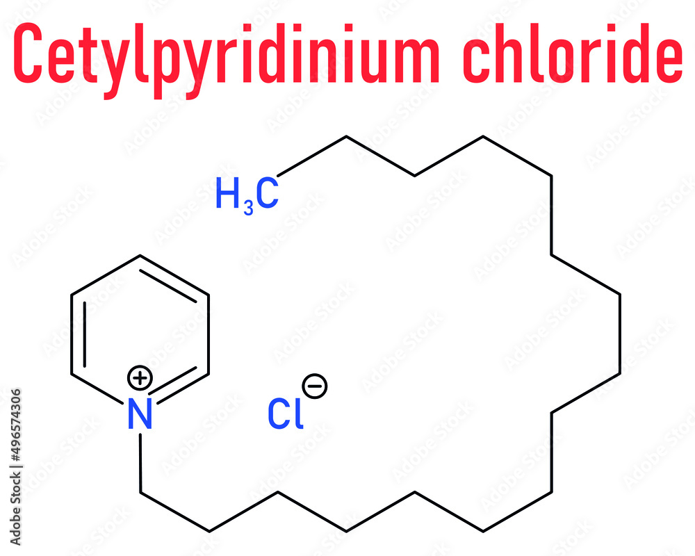 Cetylpyridinium chloride antiseptic molecule. Skeletal formula. Stock