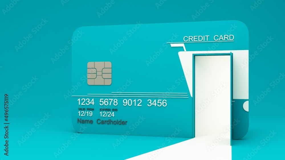 concept of financial opportunity shopping online design on green credit card template mockup Bank credit card with green open door on card isolate on green background with copy space 3d rendering 