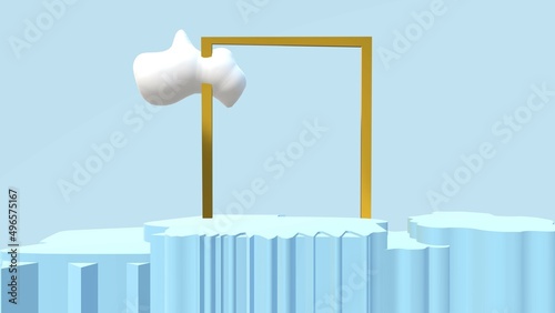 blue stage podium golden square frame white clouds 3d illustration