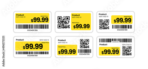 Price tags with barcode and qr code, stickers template for retail store, vector illustration