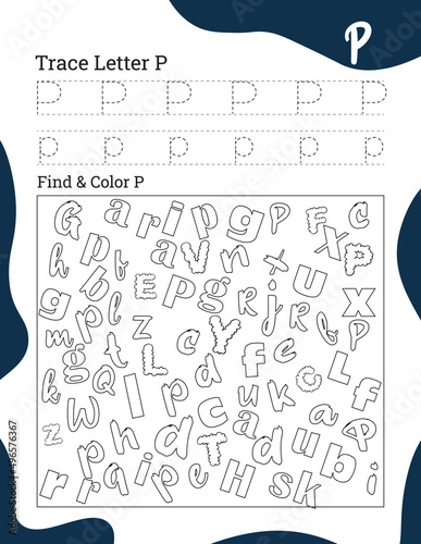 English alphabet letter P tracing line printable worksheet with cute picture for coloring for vocabulary learning. Basic writing practice for preschool and kindergarten kids student and teacher.