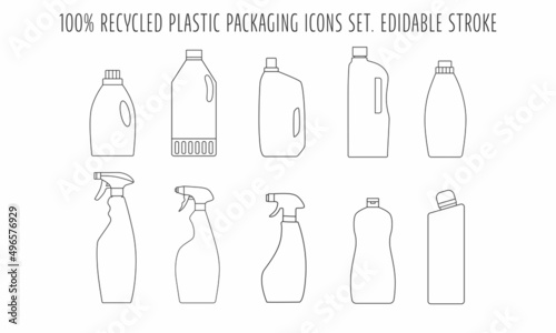 Recycle cleaning bottle and garbage recycling icon concept of waste sorting. Editable stroke. Vector stock illustration isolated on white background for packaging logo print. 