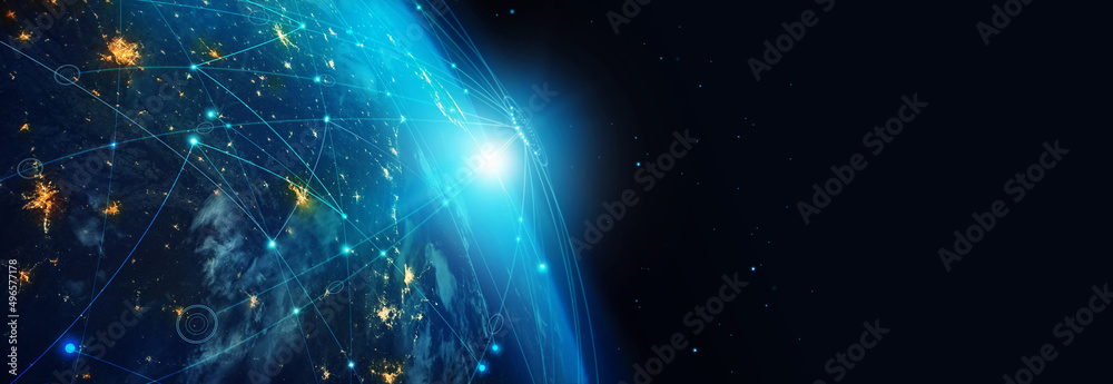 Global network background, Communication technology for internet business. Social network and telecommunication on cyberspace,  global computer networks. Elements of this image furnished by NASA. - obrazy, fototapety, plakaty 