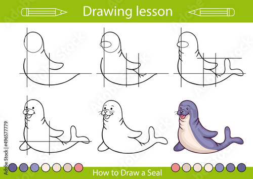 Tutorial how to draw a seal. Drawing lesson step by step. Educations drawing worksheet and activity page. Children art vector illustration.