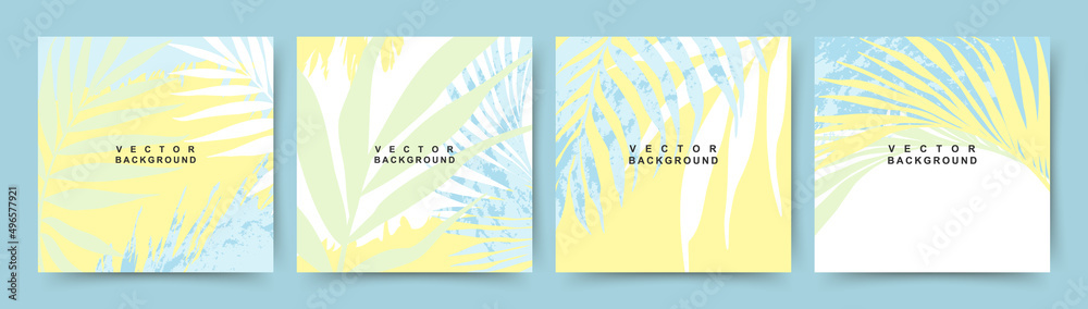 Summer backgrounds with tropical palm leaves. Texture in blue and yellow. Jungle and beach theme. Editable vector template 