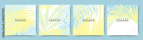Summer backgrounds with tropical palm leaves. Texture in blue and yellow. Jungle and beach theme. Editable vector template 