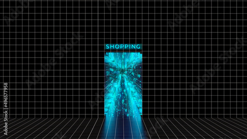 Enter or door to metaverse shop concept. shopping sign. Metaphor for entering metaverse space online store. VR concept, sci-fi room blue light squares shapes. Web 3.0 representation. 3d render photo