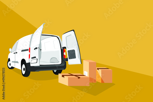 Parked delivery van with opened back door and pile of boxes to load with copy space