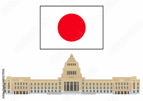 日本の国会議事堂の外観全景と日本国旗