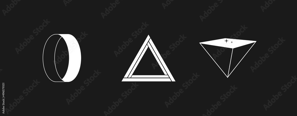 Set of retrowave design elements. Unreal ring, triangle, Linear style inverted pyramid with little stars. Pack of retrowave 1980s style design elements. Vector