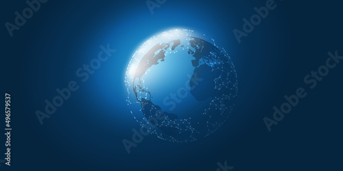 Blue Modern Style Global Networks Structure  IT or Telecommunications Concept Design - Polygonal Network Connections in a Sunlit Earth Globe in Space - Creative Wide Scale Vector Design with Copyspace