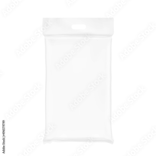 Plastic bag with a hole for a handle. Vector illustration isolated on white background. Perfect for the presentation of products with a large weight. Ready for your design. EPS10.