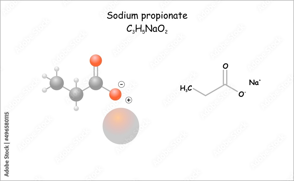 Stylized molecule model/structural formula of the food preservative sodium propionate.