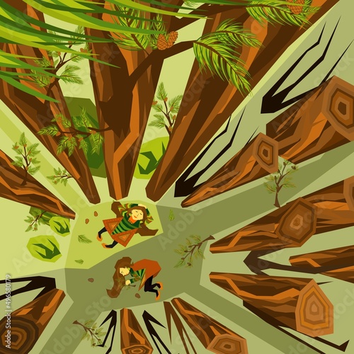 Conceptual illustration about cutting down trees and forests and the impact of this on the environment and humans. Ecological catastrophy.