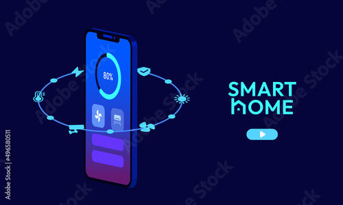 Smart, controllable on mobile phone screen and icon pack. Home automation technology, wireless connectivity vector illustration