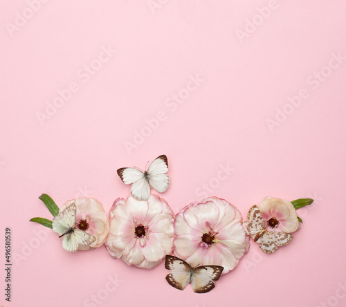 Canvas Print Minimal pastel pink card background with beautiful spring flowers and butterflie
