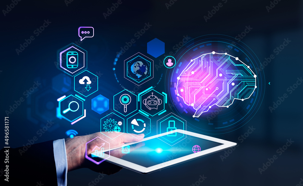 Man hand holding tablet, brain icon with digital circuit hologram Man hand holding tablet, brain icon with digital circuit hologram