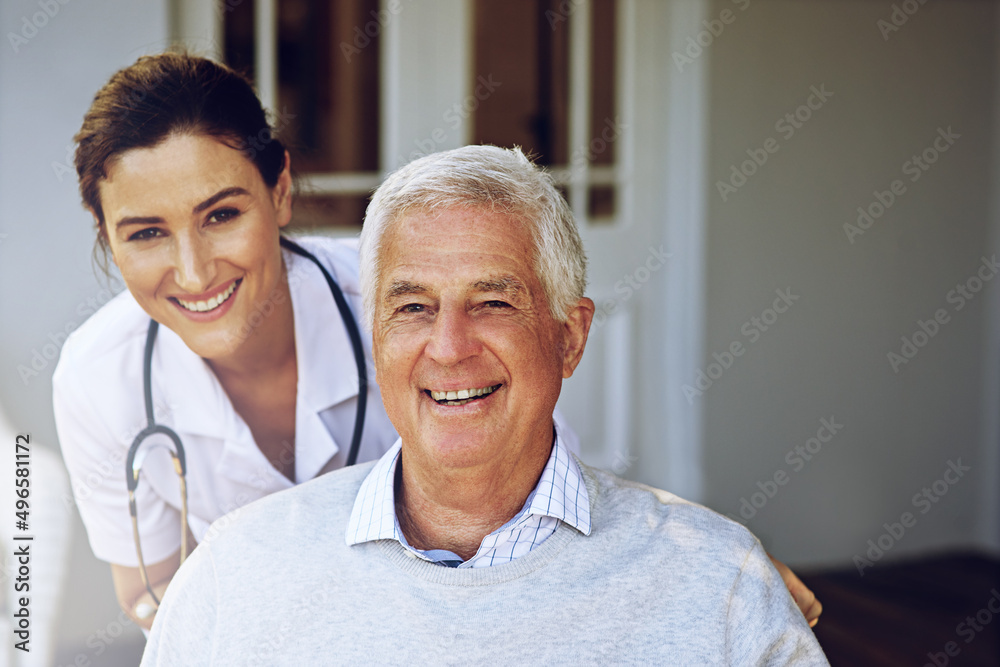 Healthcare with a smile. Portrait of a smiling caregiver and a senior man in a wheelchair outside. Healthcare with a smile. Portrait of a smiling caregiver and a senior man in a wheelchair outside.