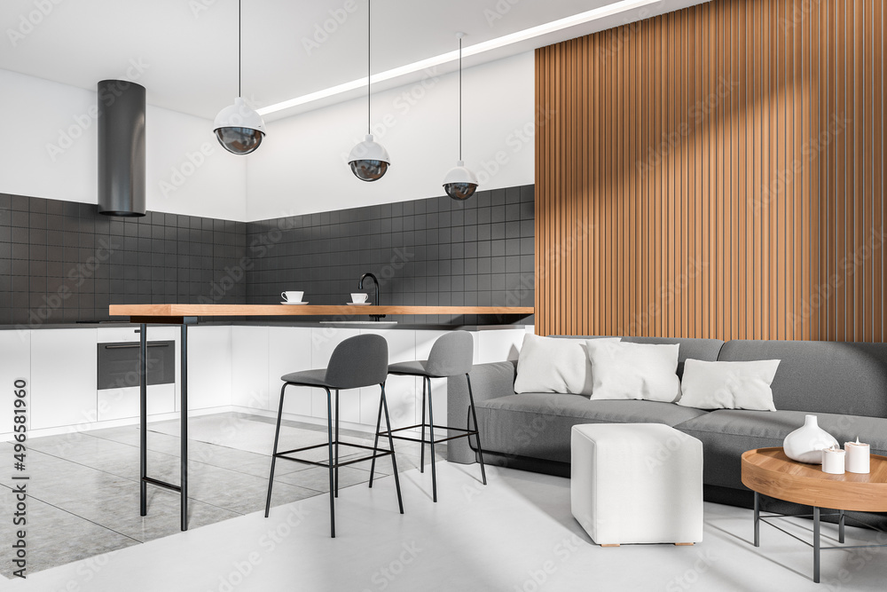 Modern kitchen interior with sofa and island, lounge and eating space Modern kitchen interior with sofa and island, lounge and eating space